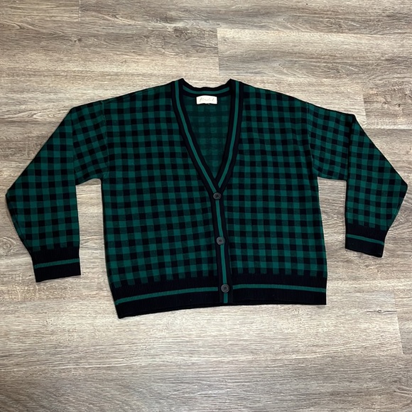 Marled Green and Black Checkered V Neck Women’s Cozy Cardigan Size Large - Picture 1 of 11